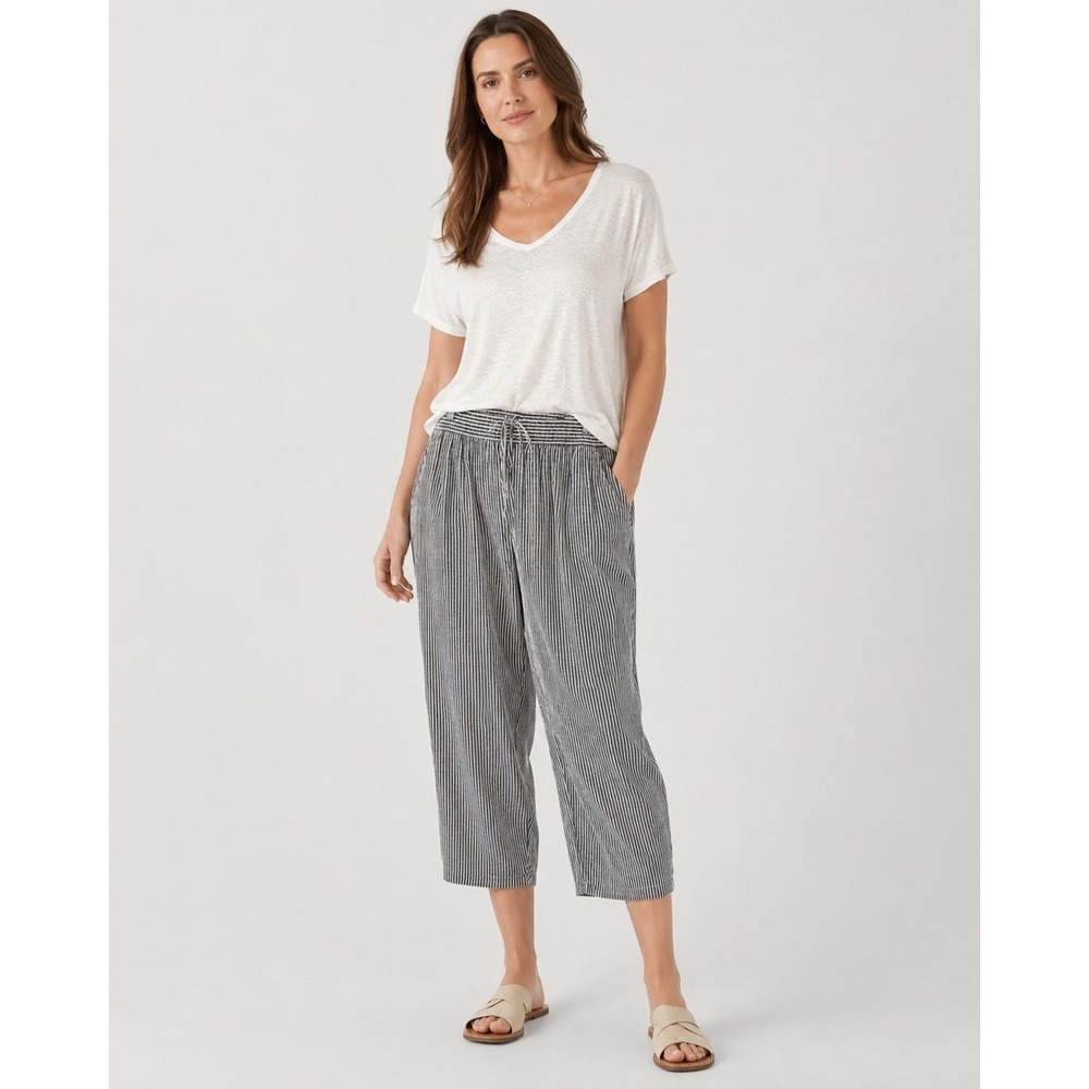 Old Navy Beachy Lightweight Wide Leg Linen Pants Womens Large Gray White Stripe